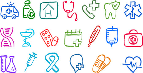 Medical Medicine Related Icons Crayon Chalk Drawing Vector Set