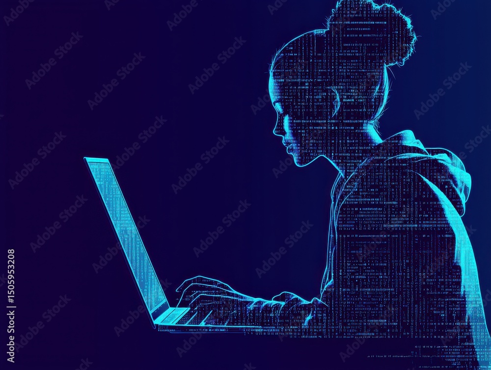 Poster a digital silhouette of a woman working on a laptop, composed of glowing binary code on a dark backg