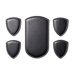 Black leather car seat belt shoulder pads with white stitching, designed for comfort and protection, displayed on transparency background. set includes one large and four small pads