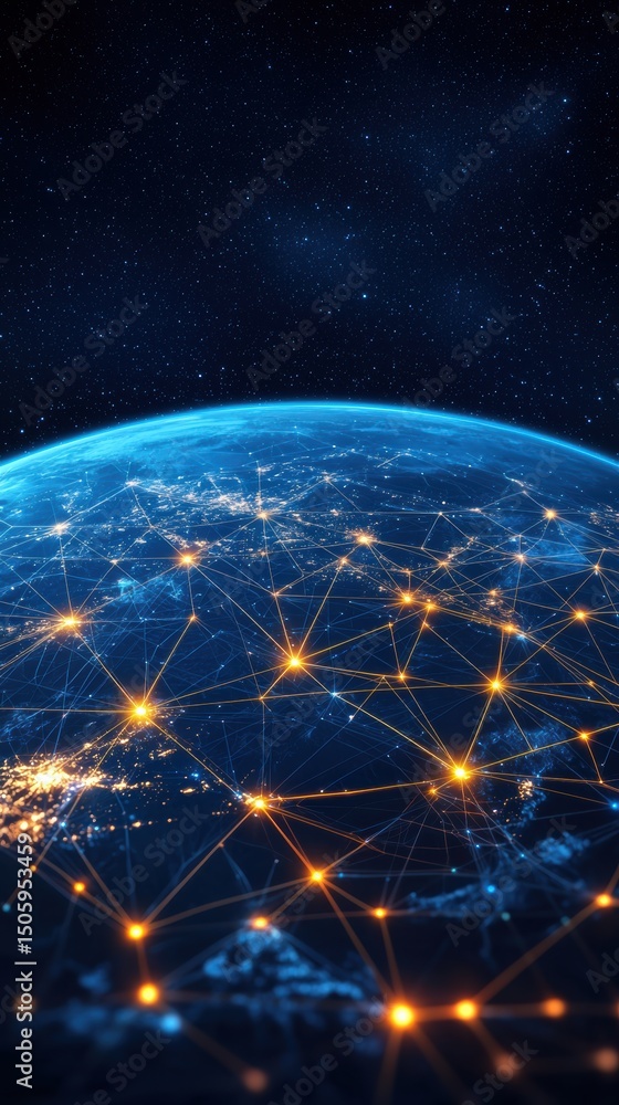 Poster a glowing network of interconnected nodes spans across earth's surface, symbolizing global communica