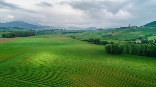 Scenic view of rolling green hills, farmlands, and trees under a cloudy sky in the umbria region of italy