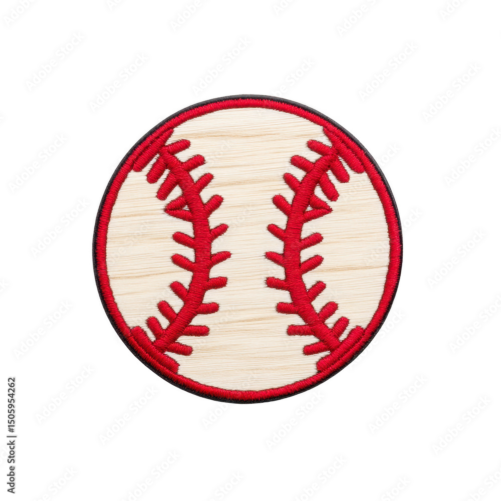 Poster round embroidered patch features classic baseball design with red stitching on transparency backgrou