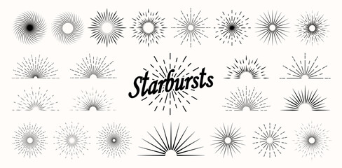 A set of sun rays and sunsets on a light beige background. Solar bursts, elements of a shining star. Vintage labels, badges, fireworks, logos or inscriptions. Vector Eps 10.