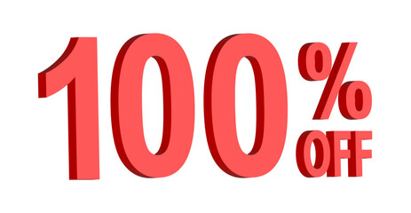 100 percent off discount text graphic in bold red 3D letters, for promotional sale banner icon, coupons, and special offers, marketing design element, boosting savings and shopping deals	