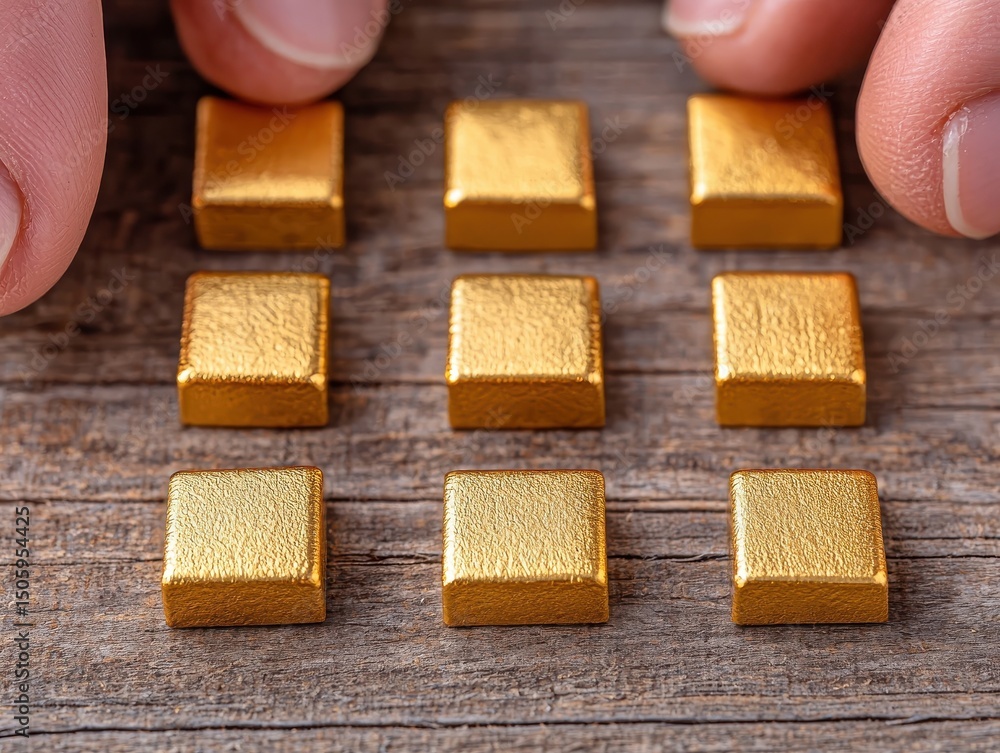 Poster nine small gold bars arranged in three rows on a wooden surface, with fingers visible at the top of 