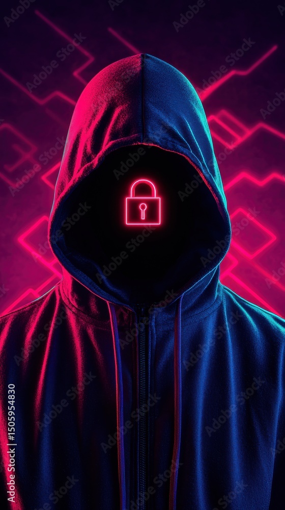 Poster a hooded figure with a glowing lock symbol instead of a face, representing cybersecurity and digital