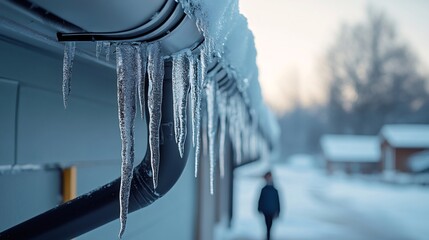 Icicles hanging from gutter during winter, freezing weather causing ice buildup