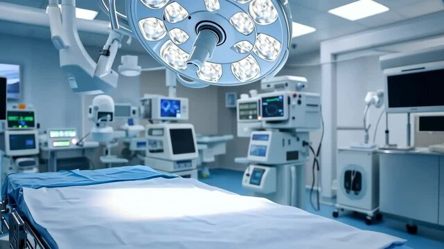 Empty operating table illuminated by surgical lights in modern operating room