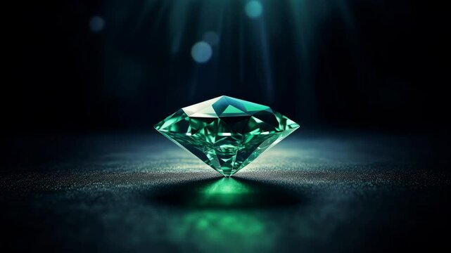 Sparkling gemstone emitting bright green light rays on a dark background, perfect for luxury, wealth, and jewelry concepts