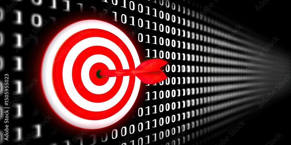 Poster strategic goal success concept with red dart hitting target in digital binary code background symbol
