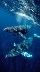 Two humpback whales swimming in deep blue ocean