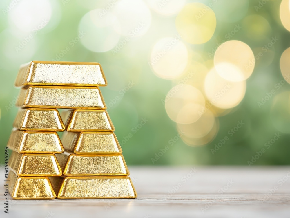 Poster a stack of shiny gold bars arranged in a pyramid on a wooden surface with a blurred, bokeh backgroun