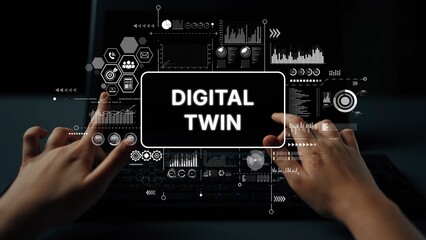 Futuristic concept of digital twin technology with hands interacting with data visualizations on a screen. Asymptotic smart data analytic.