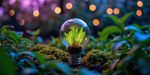 Growth spore eco bulb Planet hope clean energy, moss close up. Fern plant leaf, earth future save nature Modern vision reuse dream, flora green leaves. Globe ecology idea Light glow forest garden care