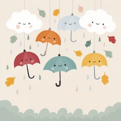 Colorful Umbrellas and Cheerful Clouds Hanging in a Whimsical Display