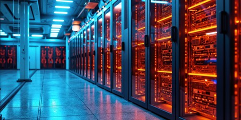 Modern tech hub cloud storage, web it data server Room design high rack row, glowing neon panel Ambient blue lights led media image. Future hardware system digital age network, cyber power code center