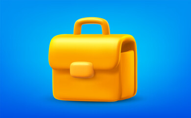 Vector illustration of business brief case icon on blue background. 3d cartoon style design of male hand work bag for document and portfolio with lock. Golden color office work briefcase