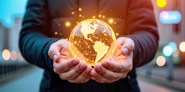 Man hands hold globe planet earth. Human global network. City light bright bokeh Modern vision only one male world. Business people data Adult person photo Datum space it trade, urban big sphere image