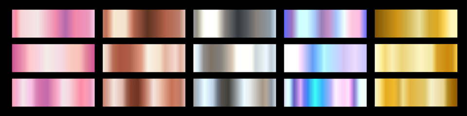 Vector set of different foil metallic gradation texture. 3d realistic style design of rose gold, silver, yellow gold, holographic and bronze color shiny gradient. Metal effect in frame for background