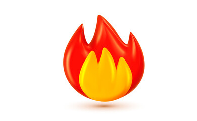 Vector illustration of shine glossy emoji fire. Red and yellow color burning flame of fire. Bonfire or campfire flame symbol on white background. 3d cartoon style design