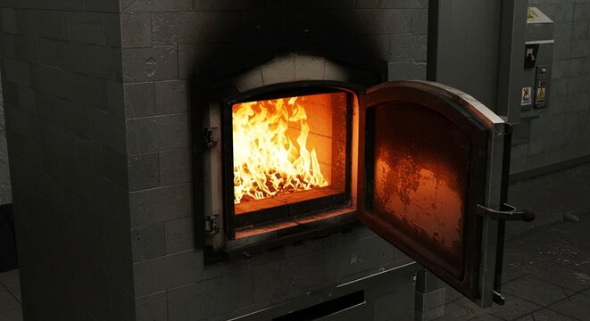 Sacred Cremation Ritual: Flames Inside a Modern Cremation Oven