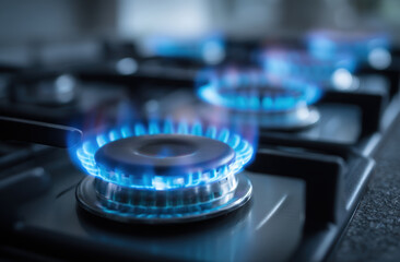 Gas stove with blue flames burning brightly, showcasing efficiency of cooking appliances. vibrant flames create warm