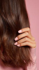 Soft pink nails on hand gently holding long wavy brown hair against matching pink background, creating calm mood