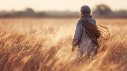 An elder wanders through a sunlit field, embraced by nature and nostalgic whispers of the past.