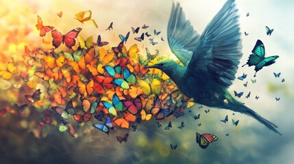 Bird in flight surrounded by a vibrant swarm of colorful butterflies