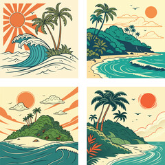 Obraz premium A tropical island with a bright, orange retro sun and blue waves.