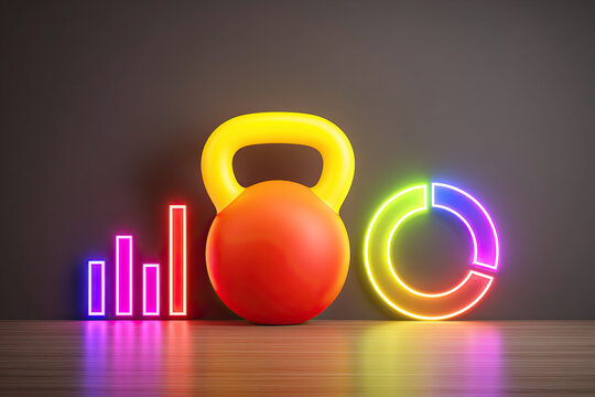 Financial resilience concept with colorful neon chart and weight on wooden floor in dark room