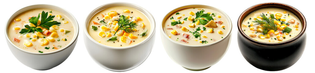Bowl of creamy vegetable soup garnished with herbs on white background

