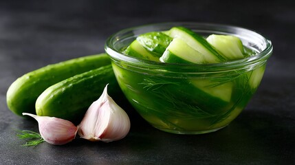 A fresh and vibrant bowl of pickled cucumbers with garlic. This image captures the essence of healthy eating and culinary art. Perfect for food blogs and recipe sites. AI