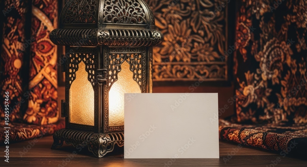 Poster an ornate lantern casts a warm glow illuminating a blank card set against a backdrop of patterned te