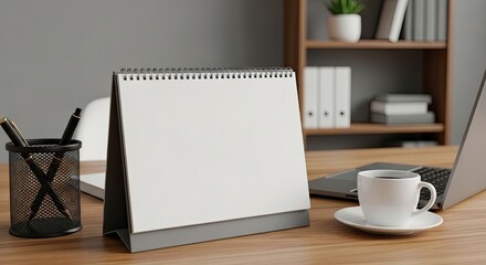 Close-up of office desk with calendar notebook pen cup and laptop.  Soft daylight shines on wooden desk, office shelf background. White cup and saucer on the desk.  Blank calendar page for mockup.