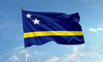 Curacao national flag with stars and yellow stripe waving