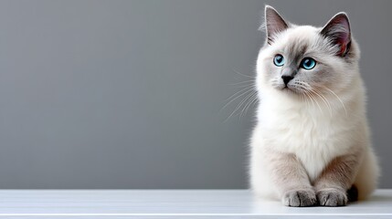 A beautiful fluffy cat with striking blue eyes sits elegantly on a white surface, showcasing its playful and curious nature against a minimalist gray background.
