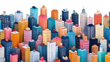 Obraz premium A vibrant city skyline filled with colorful buildings, showcasing diverse architectural styles and urban life.