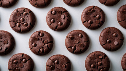 Overhead shot of many delicious double chocolate cookies on a marble background.