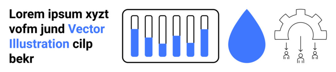 Laboratory test tubes aligned in a rack, a blue water droplet, and a gear outline with flow arrows. Ideal for science, chemistry, industry, engineering, water management, technology simple landing