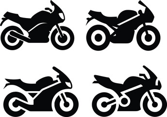 Motorcycle icon set, flat and silhouette vector bikes in a minimal design.