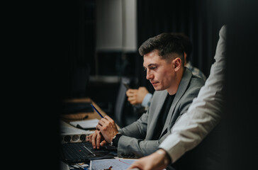 Diverse colleagues collaborate in an evening meeting, focusing on project strategies and deadlines. The atmosphere is one of intense discussion and analysis, highlighting teamwork and dedication.