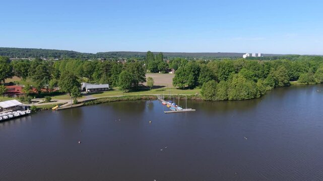 Drone view of Lake Aasee in Ibbenbueren, Germany