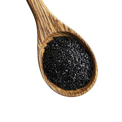 Black Sesame Seeds in Wooden Spoon isolated on transparent background
