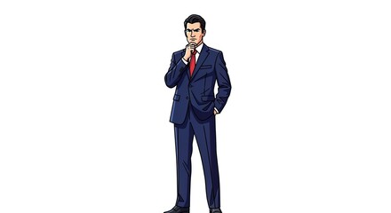 Pixelated illustration of a man in a dark blue suit with a red tie against a white background. He is in a thoughtful pose with one hand near his face.