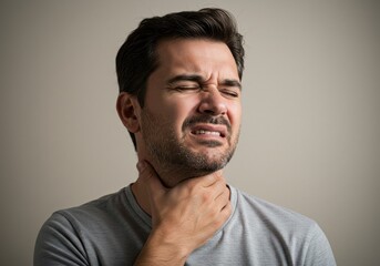 Portrait of a white man touching his neck and showing signs of discomfort or pain, suggesting sore throat, inflamed lymph nodes, or neck strain. Neutral gray background. Health and illness theme.