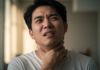 Portrait of an Asian man touching his neck with a pained expression, possibly suffering from sore throat, neck tension, or swollen lymph nodes. Neutral gray background. Healthcare and illness concept.