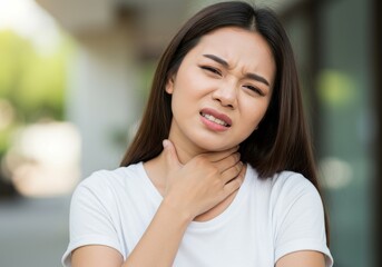 Portrait of an Asian woman touching her neck with a pained expression, suggesting sore throat, swollen lymph nodes, or neck pain. Neutral gray background. Concept related to healthcare, illness, and p