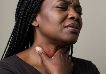 Portrait of an African woman touching her neck with a pained expression, indicating possible sore throat, neck tension, or swollen lymph nodes. Neutral gray background. Concept of illness, discomfort,