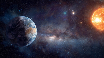 Obraz premium The picture shows Earth, our galaxy, a nebula, and the Sun.&nbsp;